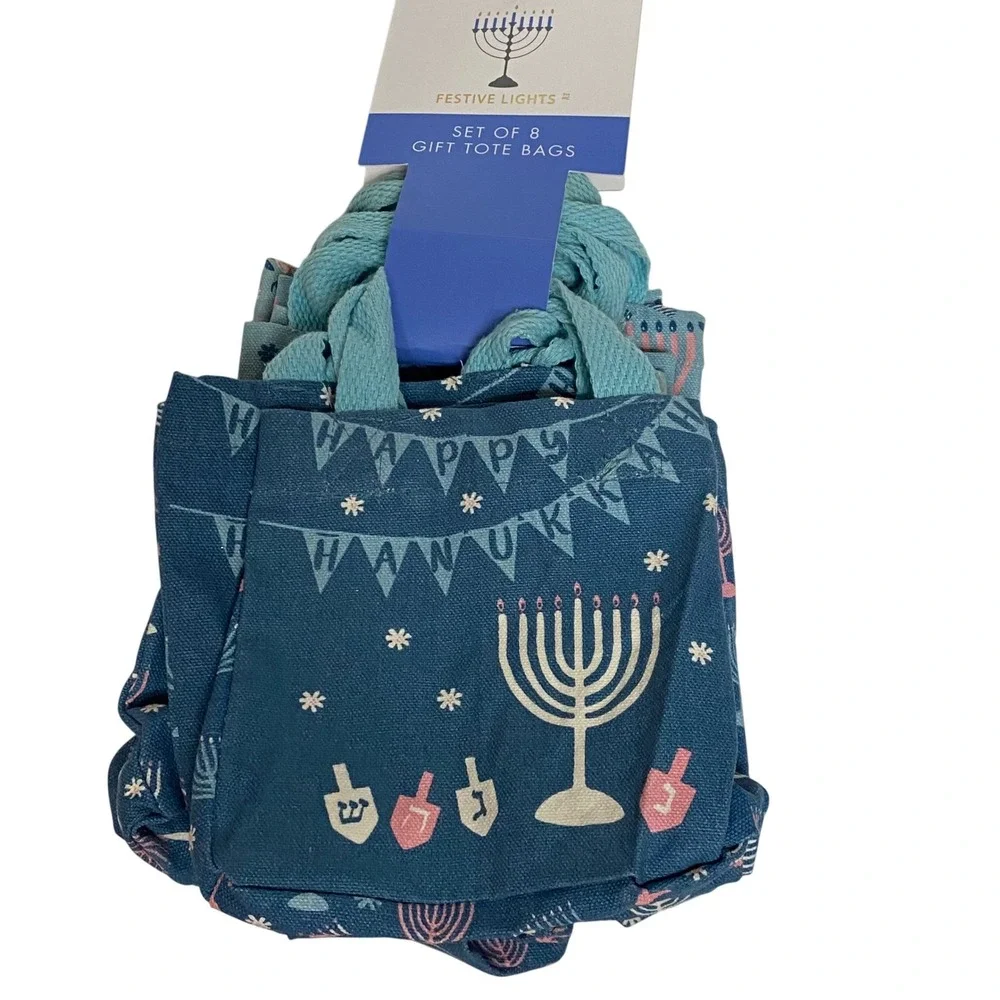 Festive‎ Lights Set of 8 Hanukkah Gift Tote Bags Blue Chanukah Menorah Dreidel